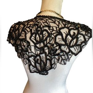 Vintage Elegant Black Lace Beaded Shawl